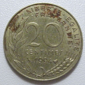 Франція Франция ^/--/^ Франція 20 сантимів 1994 року Бджола 43651 ^_^^^ Франция 20 сантимов 1994 года Пчела 43651 - фото фото фото