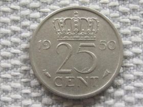 Нідерланди Нидерланды ^/--/^ Нидерланды 25 центов 1950 года #3990 ^_^^^ Нідерланди 25 центів 1950 року #3990 - фото фото фото