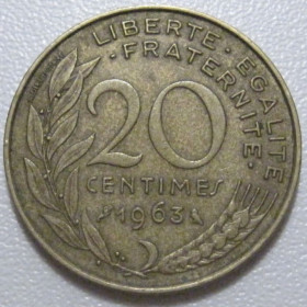 Франція Франция ^/--/^ Франція 20 сантимів 1963 року 43567 ^_^^^ Франция 20 сантимов 1963 года 43567 - фото фото фото