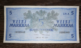Скандинавія Скандинавия ^/--/^ FINLAND Финляндия 5 марок 1963 Litt. А Подписи: Puntila, Alenius ^_^^^ Фінляндія 5 марок 1963 Litt. Підписи: Puntila, Alenius - фото фото фото