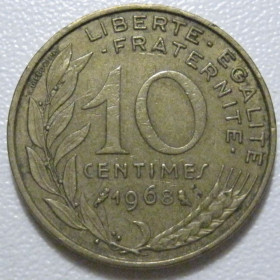 Франція Франция ^/--/^ Франція 10 сантимів 1968 року 43487 ^_^^^ Франция 10 сантимов 1968 года 43487 - фото фото фото