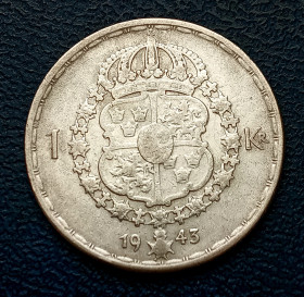 Швеція Швеция ^/--/^ Швеція 1 Крона 1943 р. Срібло. ^_^^^ Швеция 1 Крона 1943 г. Серебро. - фото фото фото