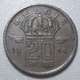 Бельгія Бельгия ^/--/^ Бельгія 20 сантимів 1954 року Belgie 42235 ^_^^^ Бельгия 20 сантимов 1954 года Belgie 42235 - фото фото фото