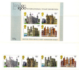 Великобританія Великобритания ^/--/^ ZM Великобритания 1980 г  MNH - блок + марки - архитектура ^_^^^ ZM Великобританія 1980 р MNH - блок + марки - архітектура - фото фото фото