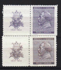 Історія та особистості История и личности ^/--/^ Богемия Моравия  1941 г MNH - п/с - 100 лет композитору Антонину  Дворжаку - купон ^_^^^ Богемія Моравія 1941 р MNH - п/с - 100 років композитору Антоніну Дворжаку - купон - фото фото фото