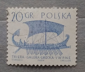 Транспорт Транспорт ^/--/^ Польша 1963 г - Парусные суда. V век до н.э. Греческая трирема, гаш ^_^^^ Польща 1963 р. - Парусні судна. V століття до н. е. Грецька трирема, гаш - фото фото фото