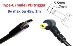 Інше Другое ^/--/^ Переходник на 9 /--/ v (max 5 /--/ a, 45 /--/ w) 5.5 /--/ x /--/ 1.7 /--/ mm 1 /--/ m з USB Type-C (male) Power Delivery PD тригер (A class) 1 - фото фото фото