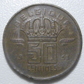 Бельгія Бельгия ^/--/^ Бельгія 50 сантимів 1953 року Belgique 42405 ^_^^^ Бельгия 50 сантимов 1953 года Belgique 42405 - фото фото фото