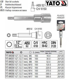 Викрутки Отвертки ^/--/^ Головка торцевая вставка SPLINE 1/2 M /--/ 5 l /--/ 100 мм YATO YT-04350 ^_^^^ Головка торцева вставка SPLINE 1/2&amp;quot; M /--/ 5 l /--/ 100 мм YATO Польща YT-04350 - фото фото фото