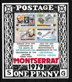 Інше Другое ^/--/^ Монтсеррат Марка на марке Роуленд Хилл  Надпечатка Образец Specimen 1979 ^_^^^ Монтсеррат Марка на марці Роуленд Хілл Надпечатка Зразок Specimen 1979 - фото фото фото