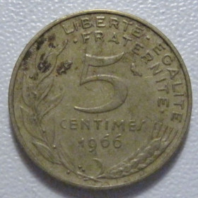 Франція Франция ^/--/^ Франція 5 сантимів 1966 року 43467 ^_^^^ Франция 5 сантимов 1966 года 43467 - фото фото фото
