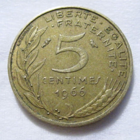 Франція Франция ^/--/^ Франція 5 сантимів 1966 року #6 /--/ П /--/ 1284 ^_^^^ Франция 5 сантимов 1966 года #6 /--/ П /--/ 1284 - фото фото фото