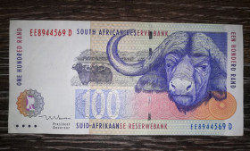 ПАР ЮАР ^/--/^ South Africa ЮАР 100 рэндов буйвол 1994 1999 1-й выпуск  (Afrikaans). 2-й тип подписи - Mboweni. ^_^^^ South Africa ПАР 100 рендів буйвол 1994 1999 1-й випуск (Afrikaans). 2-й тип підпису - Mboweni. - фото фото фото