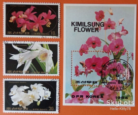 КНДР КНДР ^/--/^ КНДР 1984 флора цветы Mi 2482-2484 + блок 181 ^_^^^ КНДР 1984 флора квіти Mi 2482-2484 + блок 181 - фото фото фото