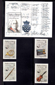 Мистецтво Искусство ^/--/^ Искусство .  Теркс и Кайкос  1985  г MNH - музыка - блок+марки - муз.инструменты - Бах ^_^^^ Теркс і Кайкос 1985 MNH - музика - блок+марки - муз.інструменти - Бах - фото фото фото