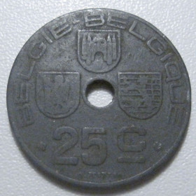 Бельгія Бельгия ^/--/^ Бельгія 25 сантимів 1943 року Belgie - Belgique 42212 ^_^^^ Бельгия 25 сантимов 1943 года Belgie - Belgique 42212 - фото фото фото