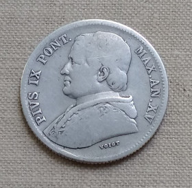 Італія і Ватикан Италия и Ватикан ^/--/^ Папская область 20 байокко, 1860 г, XV на аверсе, серебро ^_^^^ Папська область 20 байокко, 1860 р, XV на аверсі, срібло - фото фото фото
