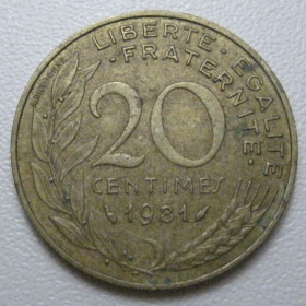 Франція Франция ^/--/^ Франція 20 сантимів 1981 року 42057 ^_^^^ Франция 20 сантимов 1981 года 42057 - фото фото фото