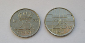 Нідерланди Нидерланды ^/--/^ 25 центов = 1976 и 1985 гг. = Нидерланды # ^_^^^ 25 центів = 1976 і 1985 рр. = Нідерланди # - фото фото фото