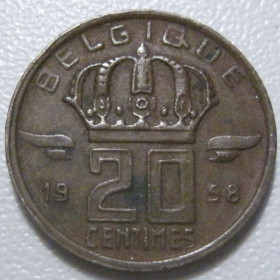 Бельгія Бельгия ^/--/^ Бельгія 20 сантимів 1958 року 42246 ^_^^^ Бельгия 20 сантимов 1958 года 42246 - фото фото фото