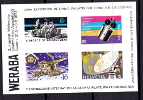 Освоєння космосу Освоение космоса ^/--/^ Космос . Швейцария 1973 г  MNH - сув. лист - ^_^^^ Космос . Швейцарія 1973 MNH - сув. лист - - фото фото фото