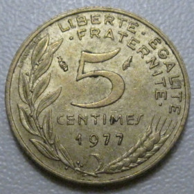 Франція Франция ^/--/^ Франція 5 сантимів 1977 року 41947 ^_^^^ Франция 5 сантимов 1977 года 41947 - фото фото фото