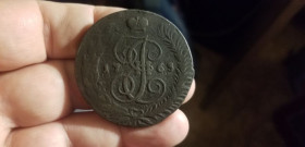 - (Катерина II) - (Екатерина II) ^/--/^ 5 КОПЕЕК 1763 СПМ.  ПЕРЕЧЕКАН. ^_^^^ 5 КОПЕЕК 1763 СПМ. Перелікани. - фото фото фото