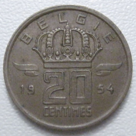 Бельгія Бельгия ^/--/^ Бельгія 20 сантимів 1954 року Belgie 42940 ^_^^^ Бельгия 20 сантимов 1954 года Belgie 42940 - фото фото фото