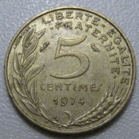 Франція Франция ^/--/^ Франція 5 сантимів 1974 року 41944 ^_^^^ Франция 5 сантимов 1974 года 41944 - фото фото фото
