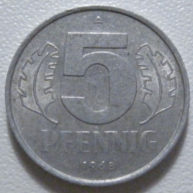 НДР, ФРН ГДР, ФРГ ^/--/^ Німеччина - НДР 5 пфенігів 1968 року 43342 ^_^^^ Германия - ГДР 5 пфеннигов 1968 года 43342 - фото фото фото