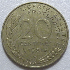 Франція Франция ^/--/^ Франція 20 сантимів 1981 року 43599 ^_^^^ Франция 20 сантимов 1981 года 43599 - фото фото фото