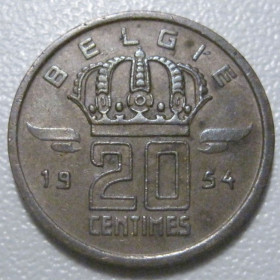 Бельгія Бельгия ^/--/^ Бельгія 20 сантимів 1954 року Belgie 42237 ^_^^^ Бельгия 20 сантимов 1954 года Belgie 42237 - фото фото фото