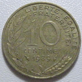 Франція Франция ^/--/^ Франція 10 сантимів 1989 року 1402 ^_^^^ Франция 10 сантимов 1989 года 1402 - фото фото фото