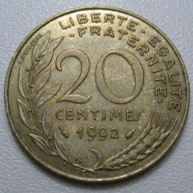 Франція Франция ^/--/^ Франція 20 сантимів 1992 року 42071 ^_^^^ Франция 20 сантимов 1992 года 42071 - фото фото фото