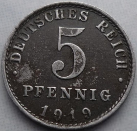 Німецька імперія (-) Германская империя (-) ^/--/^ Германия 5 пфеннигов 1919 A железо ^_^^^ Німеччина 5 пфенігів 1919 A залізо - фото фото фото
