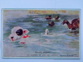 Іноземні Иностранные ^/--/^ Великобритания 1930 -1940-е. POSTCARD. Опасная ситуация. Терьер, утка. №1633 Худ. FLORENCE E. VALTER ^_^^^ Велика Британія 1930-1940-ті. POSTCARD. Небезпечна ситуація. Тер'єр, качка. No 1633 Худ. Florence E. Valter - фото фото фото