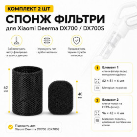 Інше Другое ^/--/^ Комплект спонж фильтров для Xiaomi Deerma DX /--/ 700 DX /--/ 700 /--/ S 2 шт, моторный и на HEPA ^_^^^ Комплект спонж фільтрів для Xiaomi Deerma DX /--/ 700 DX /--/ 700 /--/ S 2 шт, моторний і на HEPA - фото фото фото