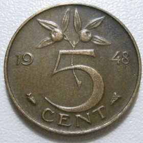Нідерланди Нидерланды ^/--/^ Нідерланди 5 центів 1948 року 41157 ^_^^^ Нидерланды 5 центов 1948 года 41157 - фото фото фото
