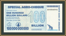 Зімбабве Зимбабве ^/--/^ Зимбабве 100000000000 долларов 2008 P-64 UNC ^_^^^ Зімбабве 100 мільйонів доларів 2008 P-64 UNC - фото фото фото