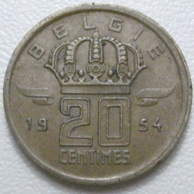 Бельгія Бельгия ^/--/^ Бельгія 20 сантимів 1954 року Belgie 42945 ^_^^^ Бельгия 20 сантимов 1954 года Belgie 42945 - фото фото фото