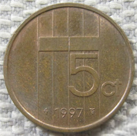 Нідерланди Нидерланды ^/--/^ Нидерланды 5 центов 1997 года 12709 ^_^^^ Нідерланди 5 центів 1997 року 12709 - фото фото фото