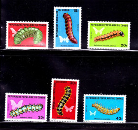 Фауна Фауна ^/--/^ NM Фауна  Конго 1971 г  MNH - гусиницы и бабочки ^_^^^ NM Фауна Конго 1971 р MNH - гусиниці і метелика - фото фото фото