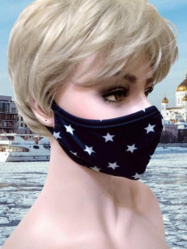 Аксесуари Аксессуары ^/--/^ Темно синяя трикотажная маска с звездами, двухслойная эластичная многоразовая ^_^^^ Темно синя трикотажна маска з зірками, двошарова еластична багаторазова - фото фото фото
