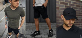 Шорти Шорты ^/--/^ Комплект Nike футболка хаки + шорты + кепка Nike черная (черное лого) ^_^^^ Комплект Nike футболка хакі + шорти + кепка Nike чорна (чорне лого) - фото фото фото