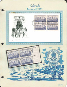 Північна Америка Северная Америка ^/--/^ США 1951  г - квартблок MNH + КПД  ХМК с квартблоком  - штат Колорадо ^_^^^ США 1951 - квартблок MNH + ККД ХМК з квартблоком - штат Колорадо - фото фото фото