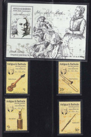 Мистецтво Искусство ^/--/^ Искусство . Антигуа и Барбуда  1985  г MNH - блок + марки - музыкальные инструменты - Бах ^_^^^ Антигуа і Барбуда 1985 р MNH - блок + марки - музичні інструменти - Бах - фото фото фото