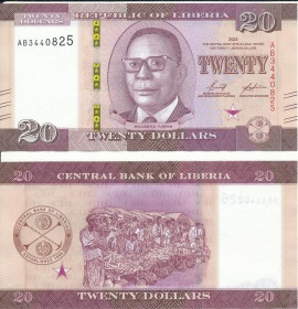 Ліберія Либерия ^/--/^ Ліберія Либерия 20 доларів 2022 UNC ^_^^^ Либерия 20 долларов 2022 UNC - фото фото фото