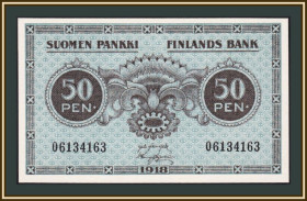 Скандинавія Скандинавия ^/--/^ Финляндия 50 пенни 1918 P-34  (34 /--/ a.4) UNC ^_^^^ Фінляндія 50 пенні 1918 P-34 (34 /--/ a.4) UNC - фото фото фото