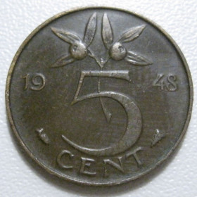 Нідерланди Нидерланды ^/--/^ Нідерланди 5 центів 1948 року 41156 ^_^^^ Нидерланды 5 центов 1948 года 41156 - фото фото фото