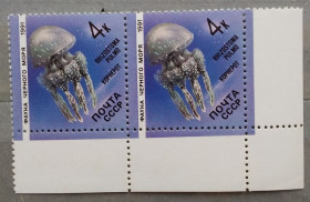 Фауна Фауна ^/--/^ СССР 1991 г - Фауна Черного моря. Медуза корнерот,   пара, уголок ^_^^^ СРСР 1991 — Фауна Чорного моря. Медуза корнерот, пара, куточок - фото фото фото